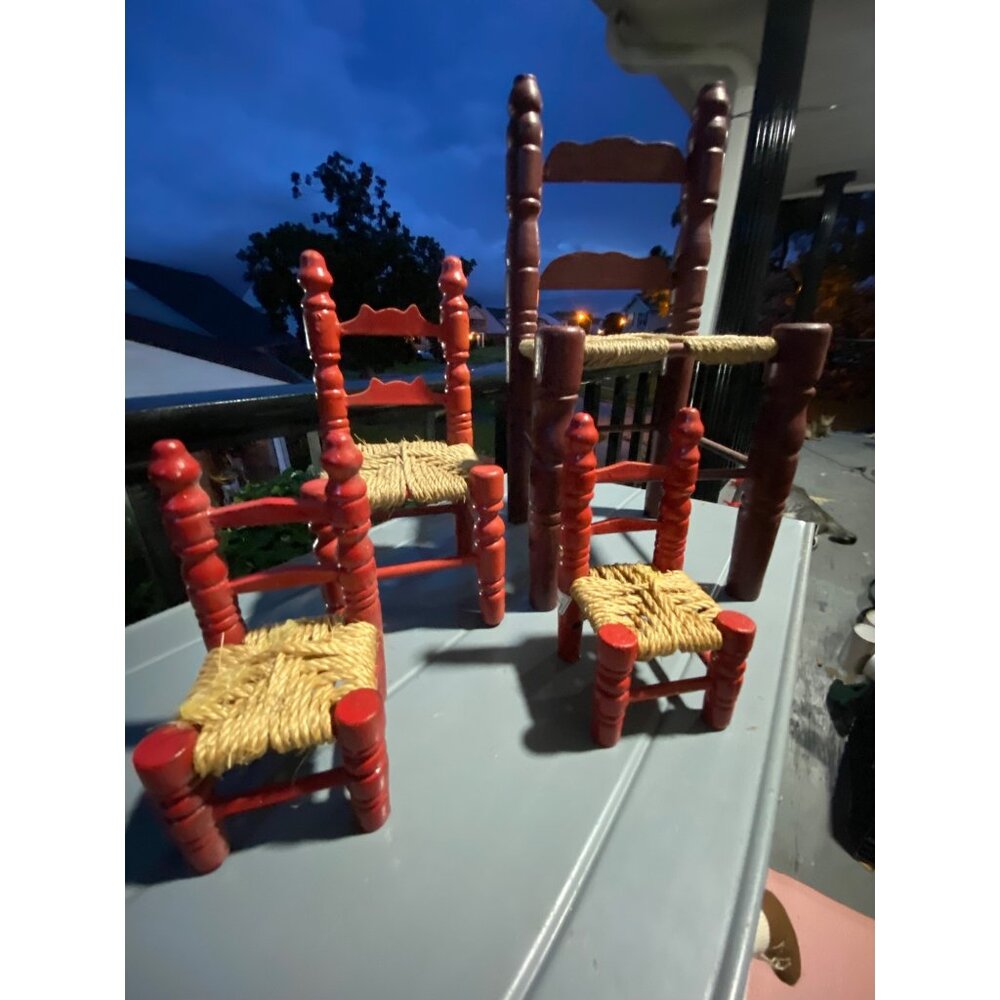 Set Of 4 Miniature Red Wooden Chairs With Woven Seats & 1 Large Matching Chair